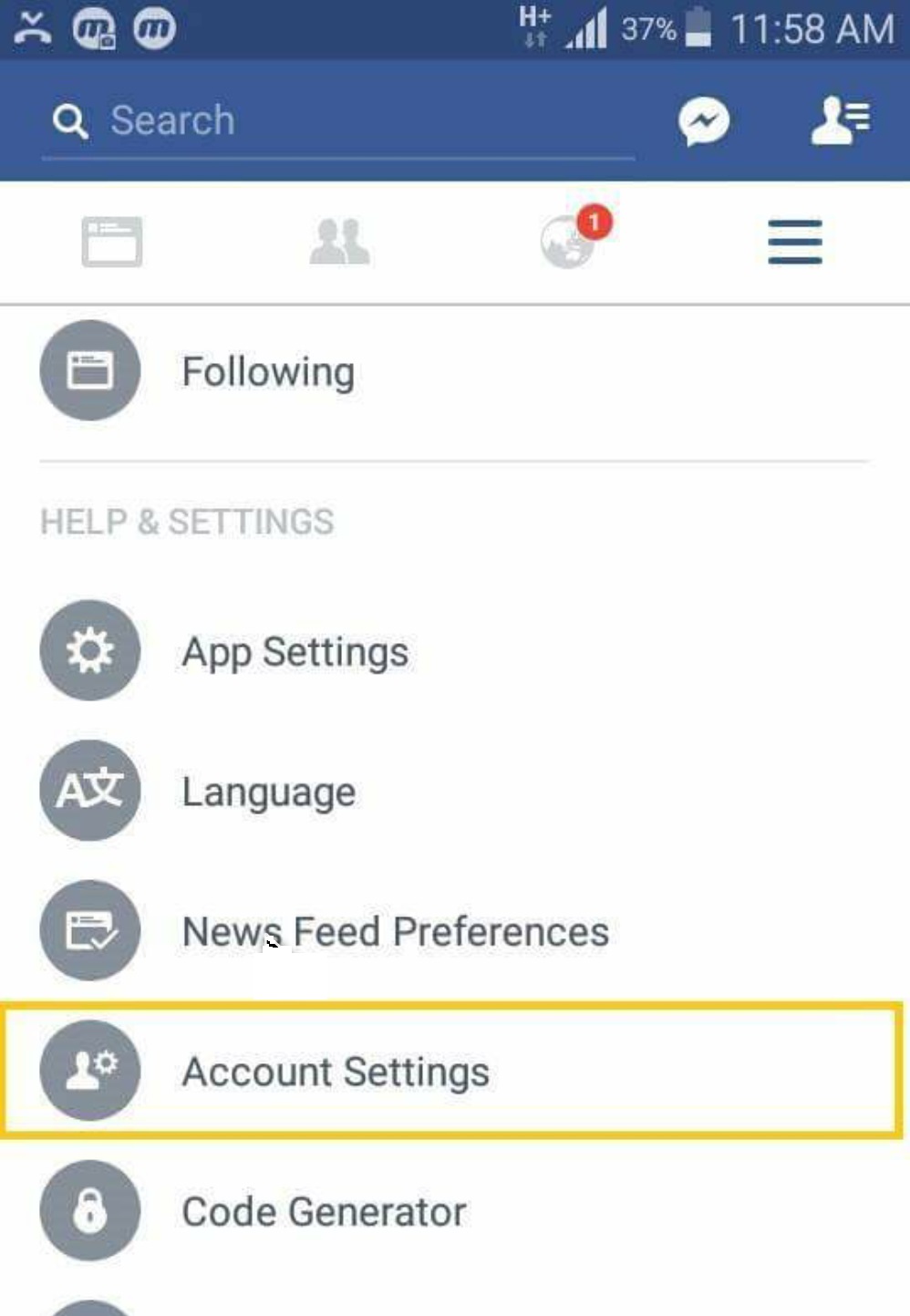 Please select Account setting to adjust the privacy on the telephone number and email address on Facebook app, please go to Menu icon and then select Account setting.