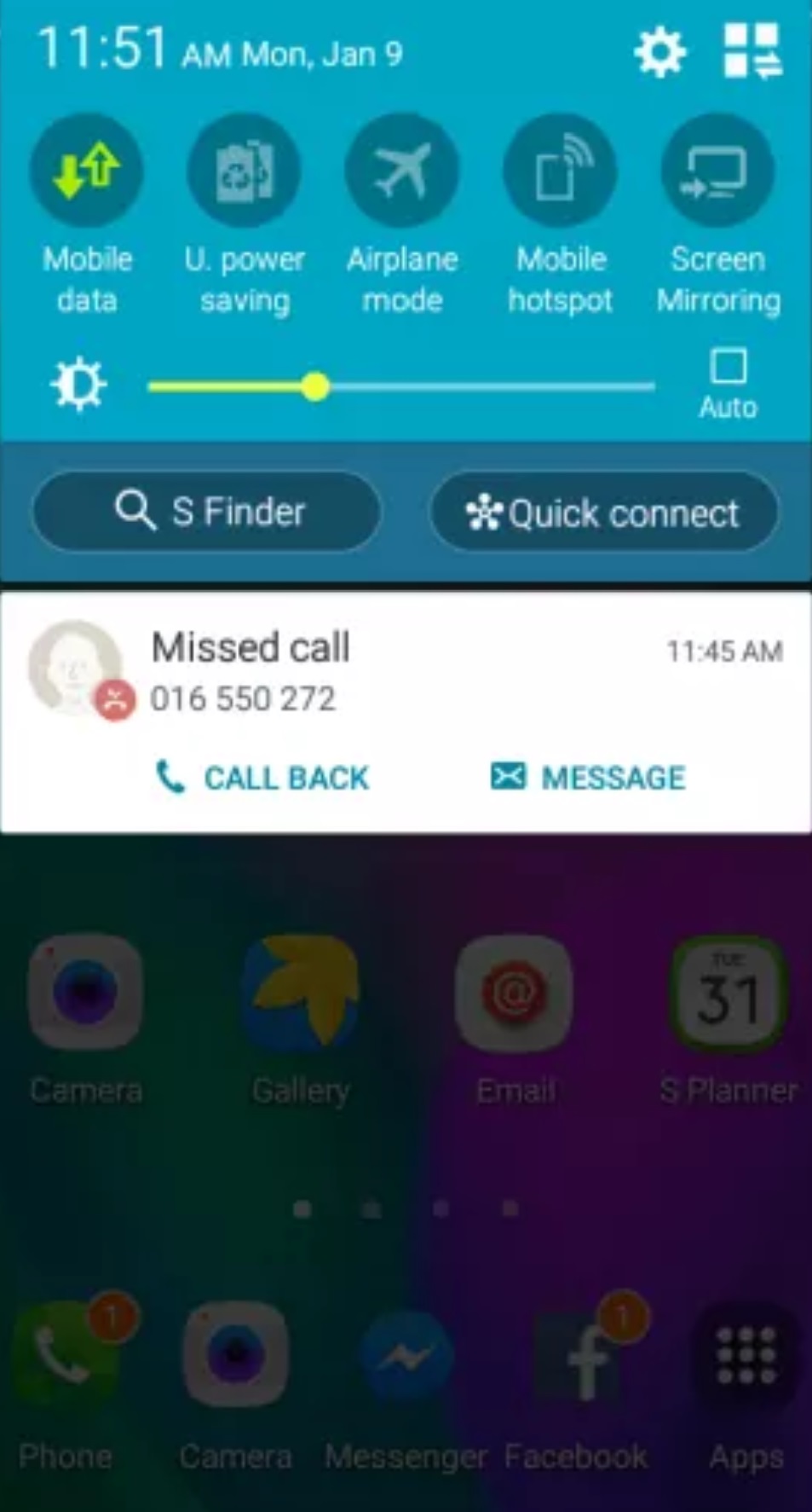 The sample missed call screenshot