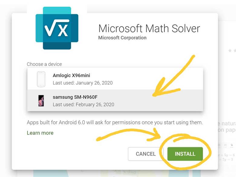 Please choose a phone that you want to install Microsoft Math Solver app.